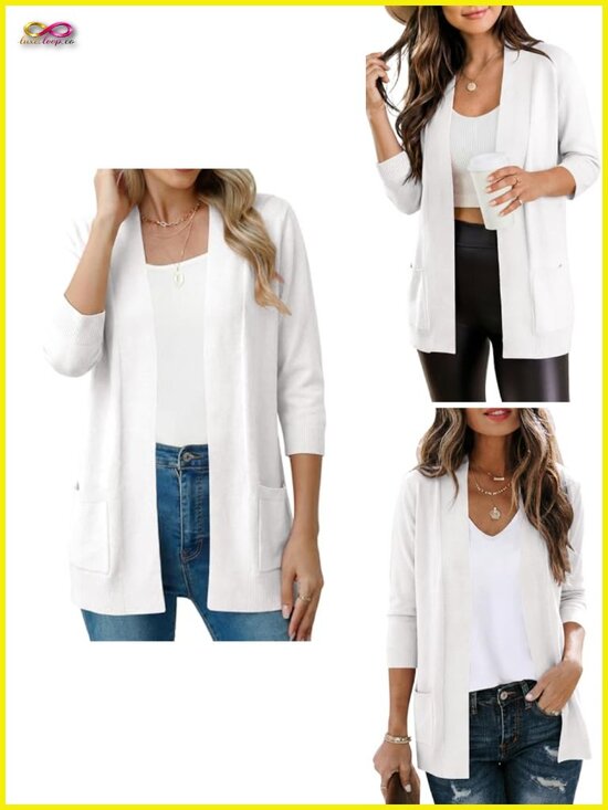 Sweaters - Lightweight Open Front Cardigan with Pockets, V-Neck, 3/4 Sleeve, Knit